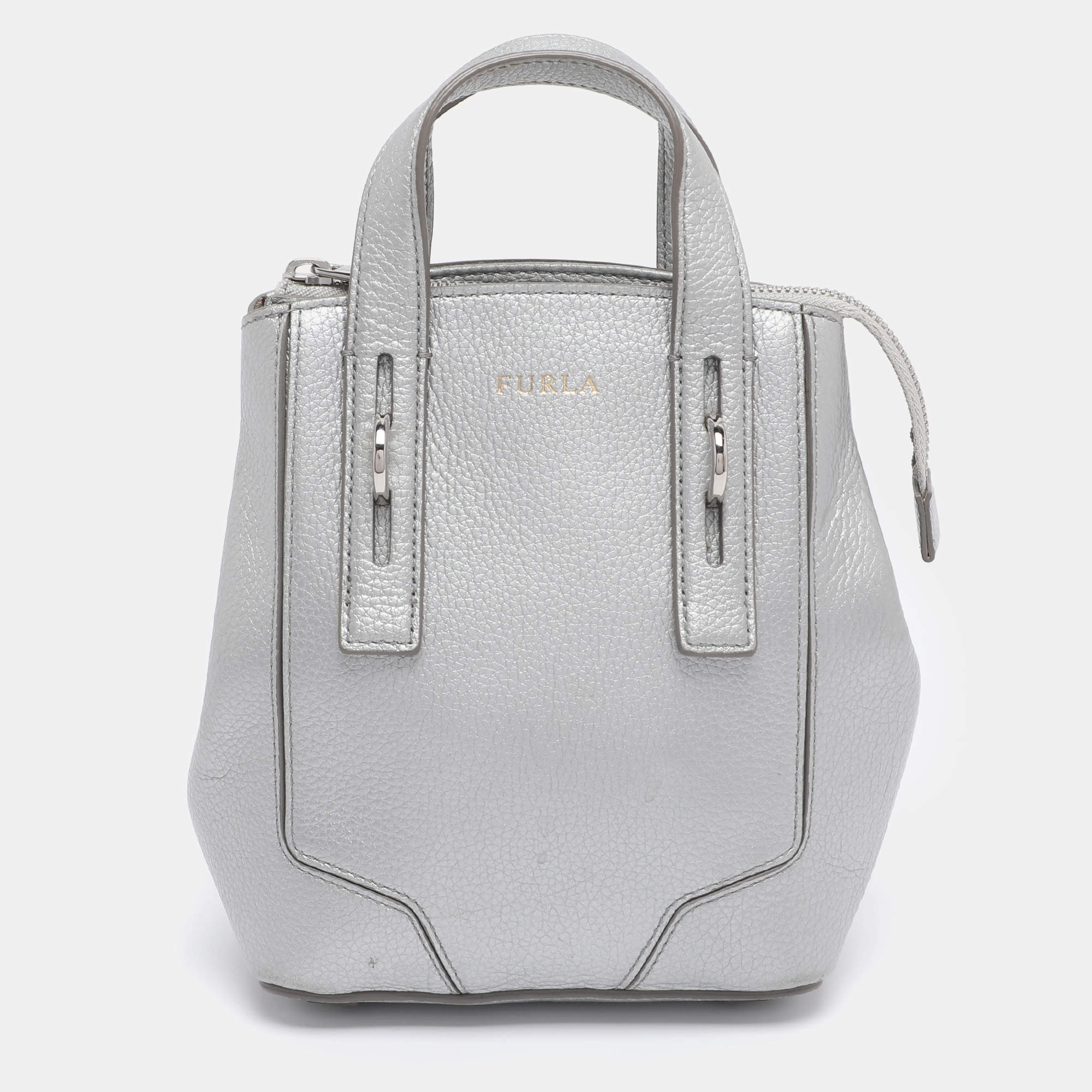 Pre Owned Furla Silver Leather Mini Perla Tote