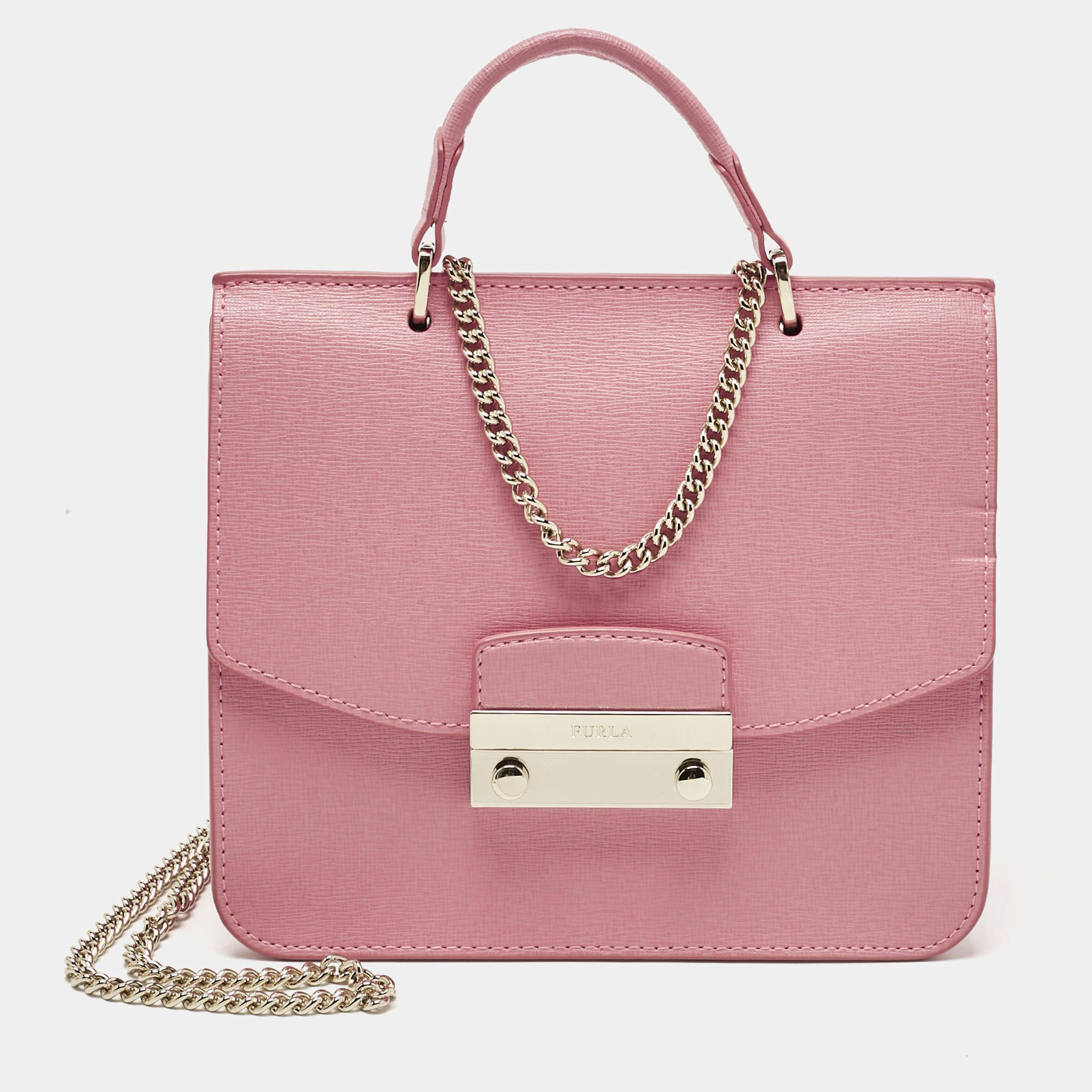Pre Owned Furla Pink Leather Metropolis Top Handle Bag