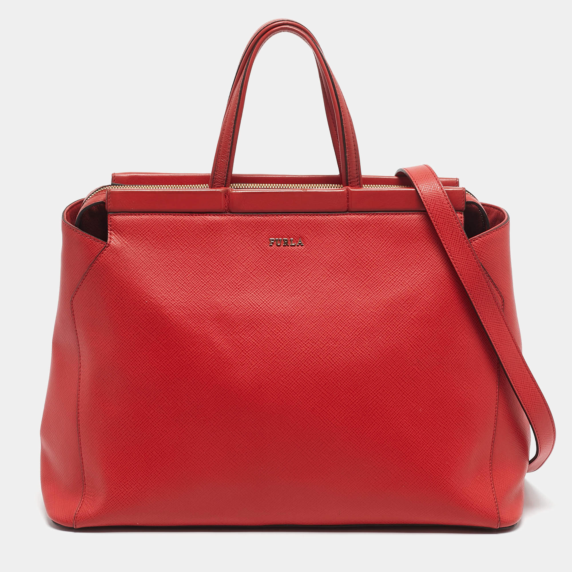 Pre Owned Furla Red Saffiano Leather Frame Satchel