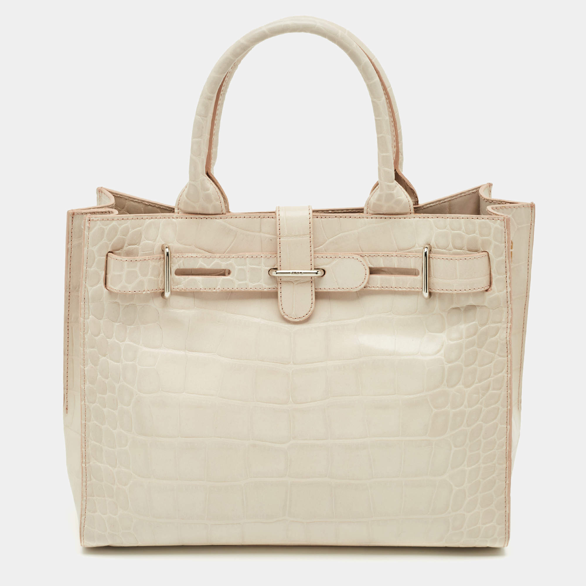 Pre Owned Furla Off White Croc Embossed Leather Medium Greta Tote
