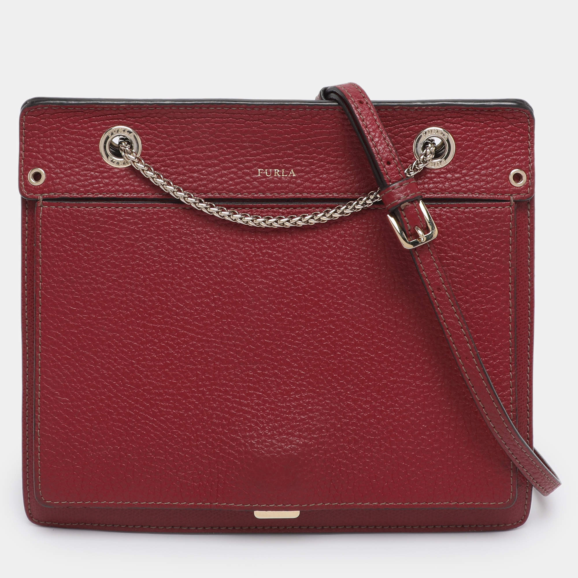 Pre Owned Furla Red Leather Chain Crossbody Bag