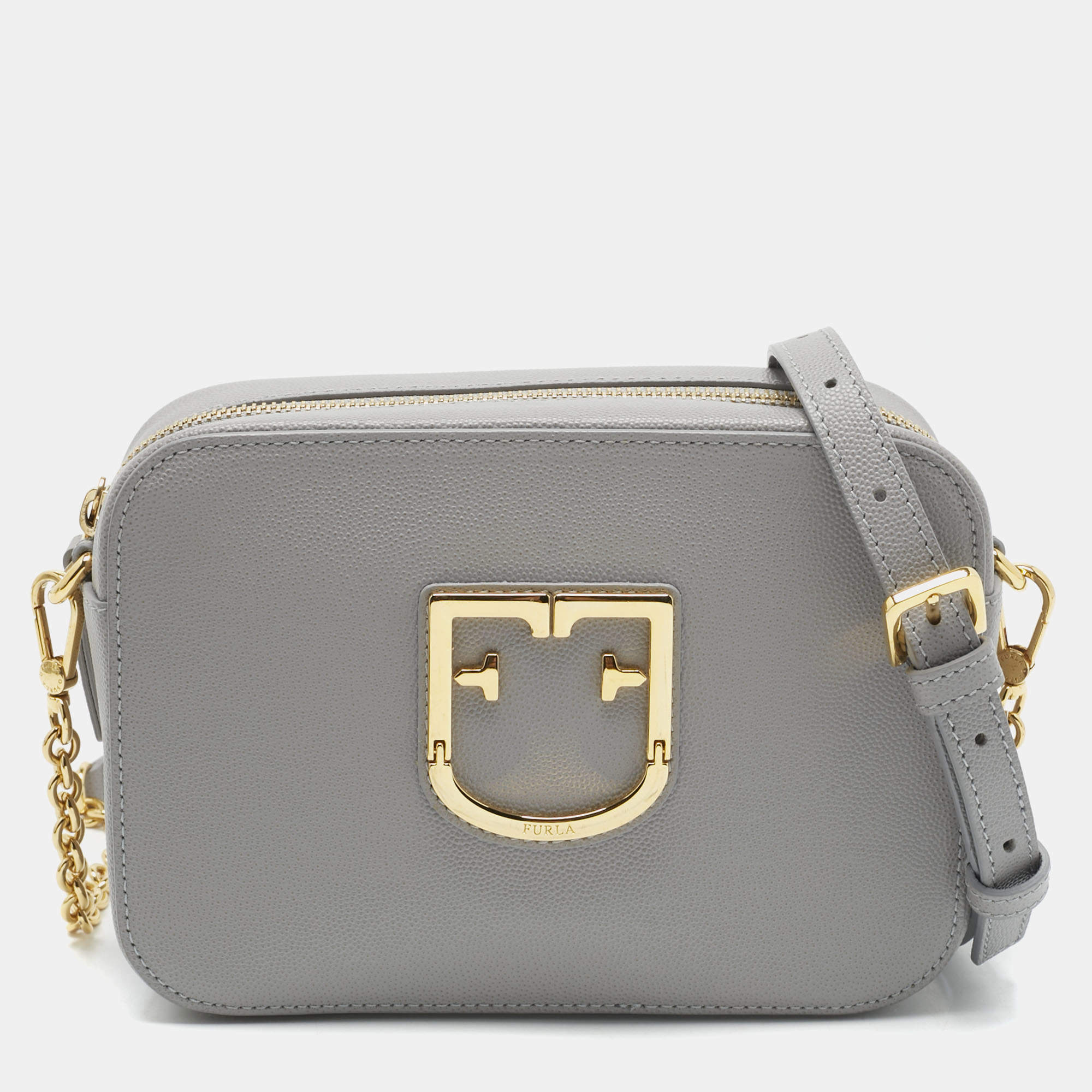 Pre Owned Furla Grey Leather Mini Brava Crossbody Bag