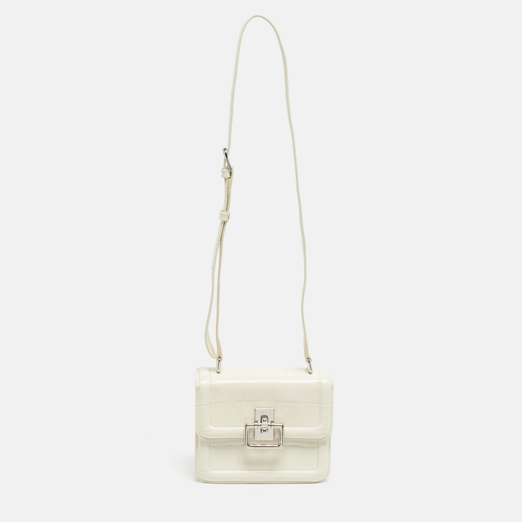Pre Owned Furla Off White Croc Embossed Leather Villa Shoulder Bag
