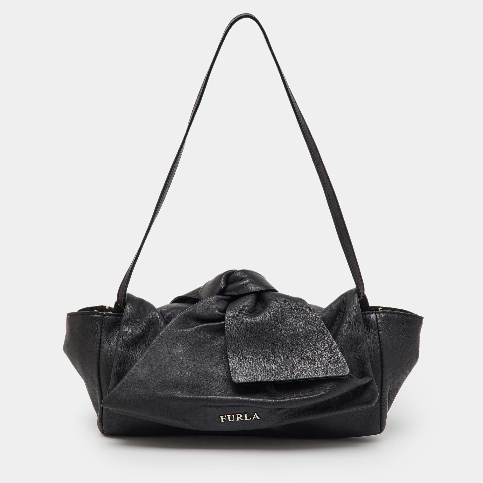Pre Owned Furla Black Leather Knot Bow Flap Shoulder Bag