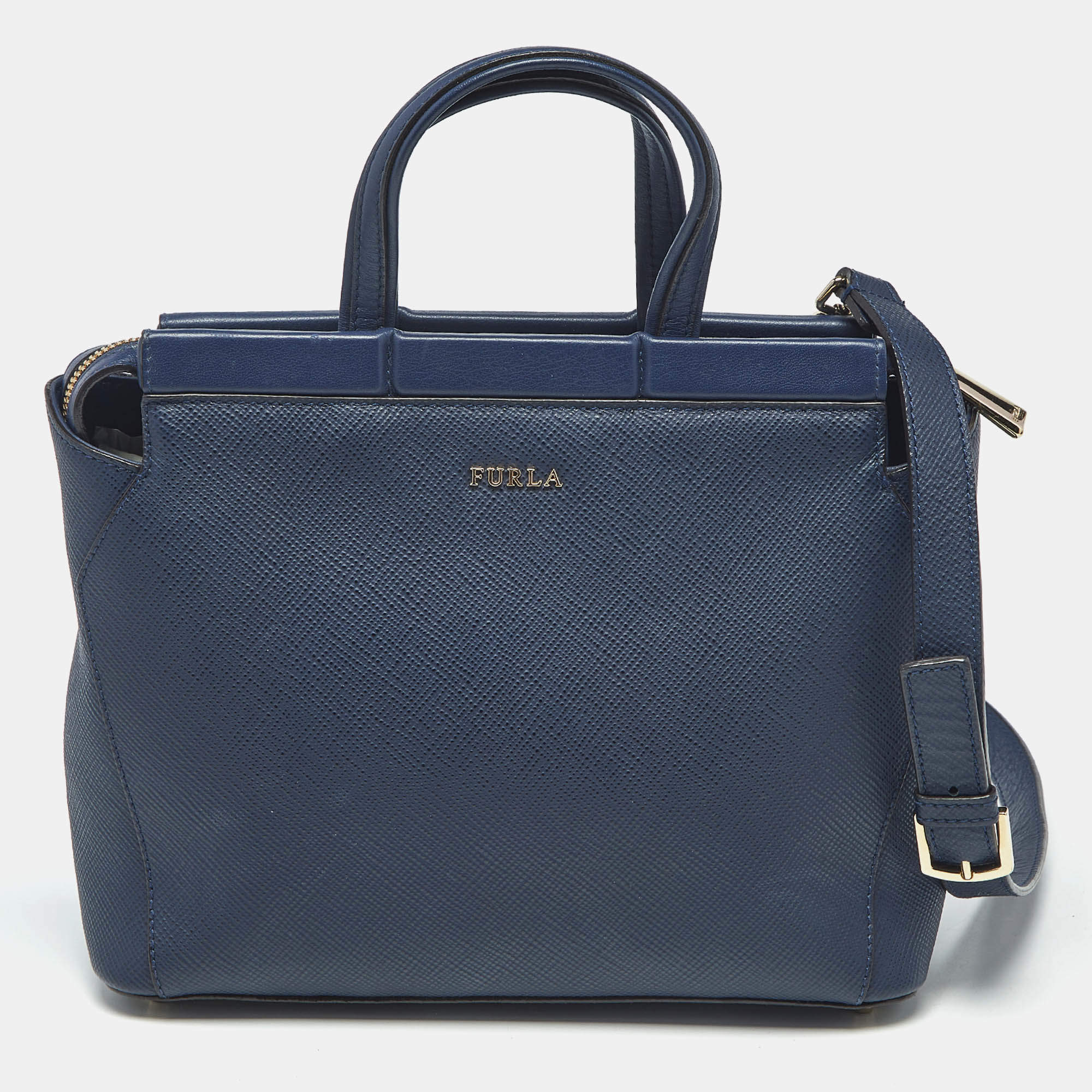 Pre Owned Furla Navy Blue Leather Small Talia Satchel