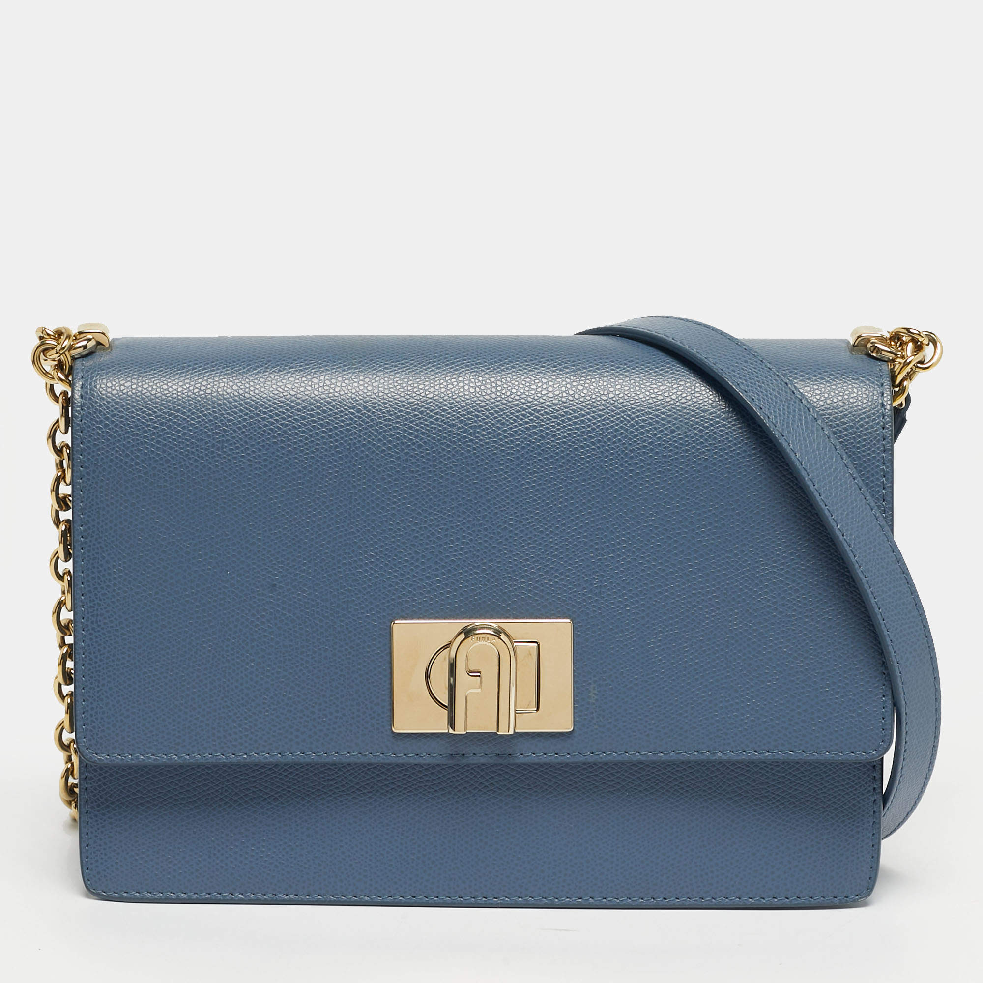 Pre Owned Furla Light Blue Leather 1927 Flap Shoulder Bag