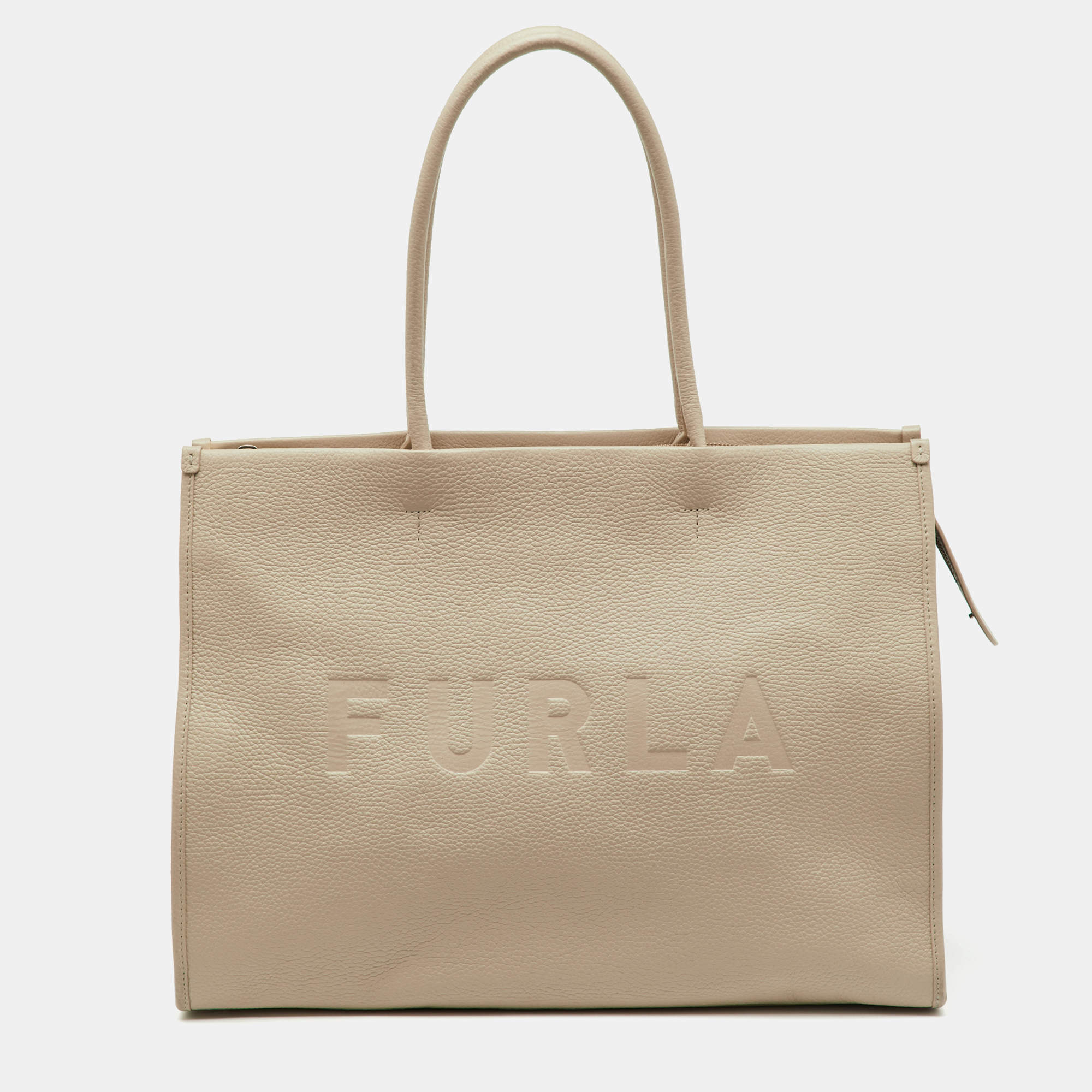 Pre Owned Furla Beige Leather Logo Embossed Shopper Tote