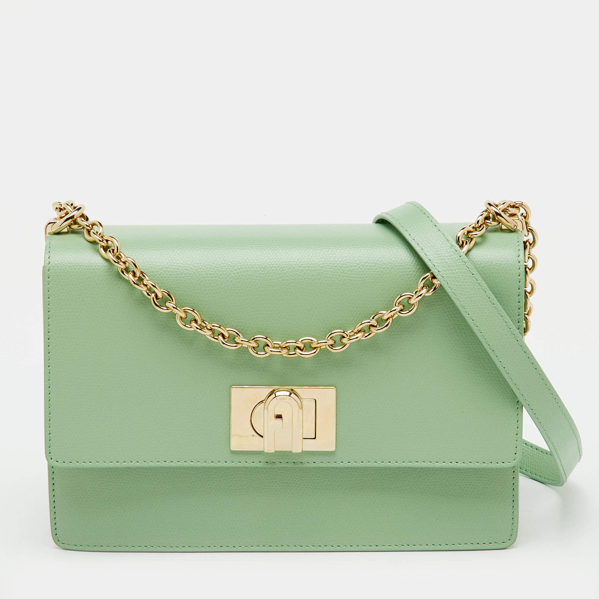 Pre Owned Furla Light Green Leather Small 1927 Crossbody Bag
