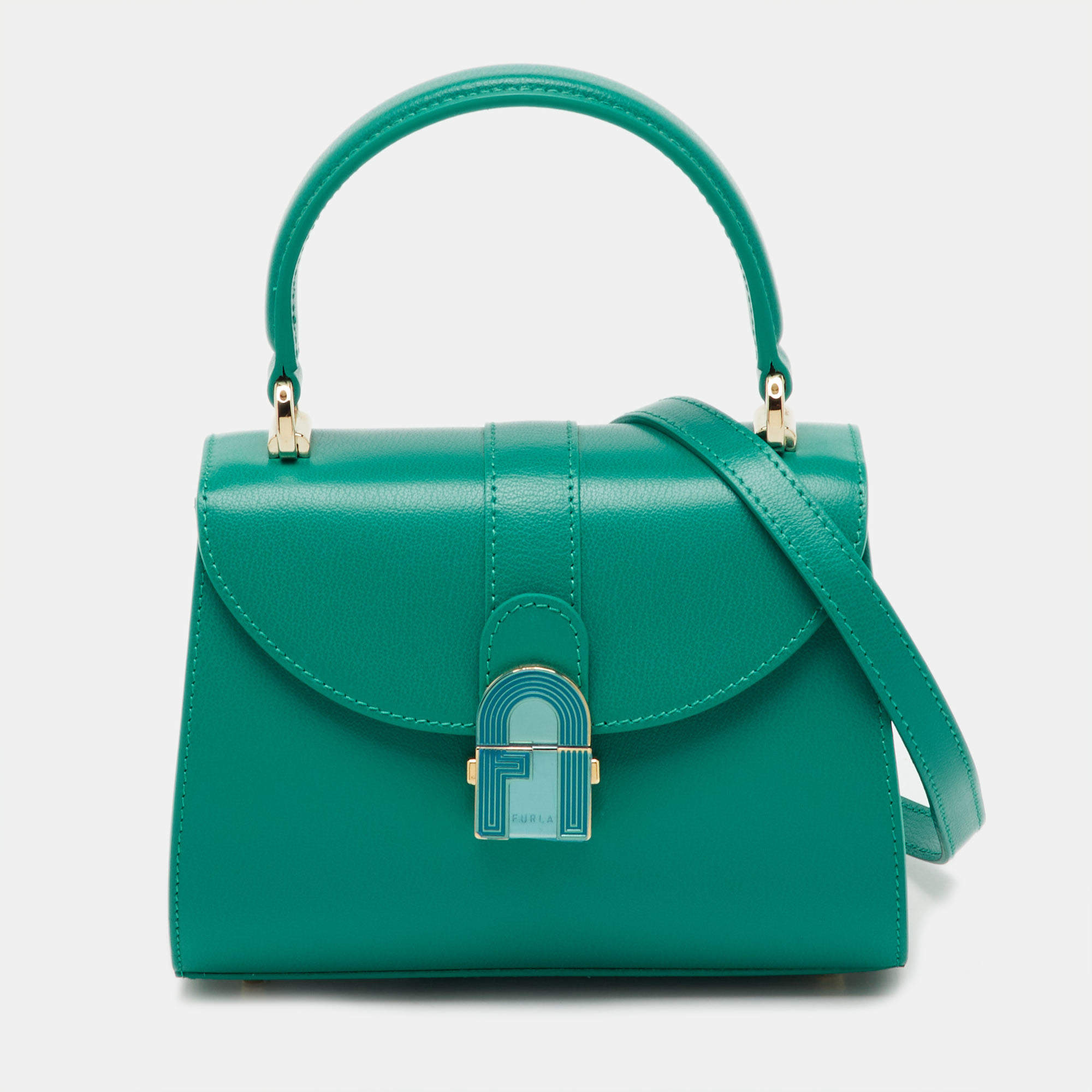 Pre Owned Furla Teal Green Leather 1927 Opera Top Handle Bag