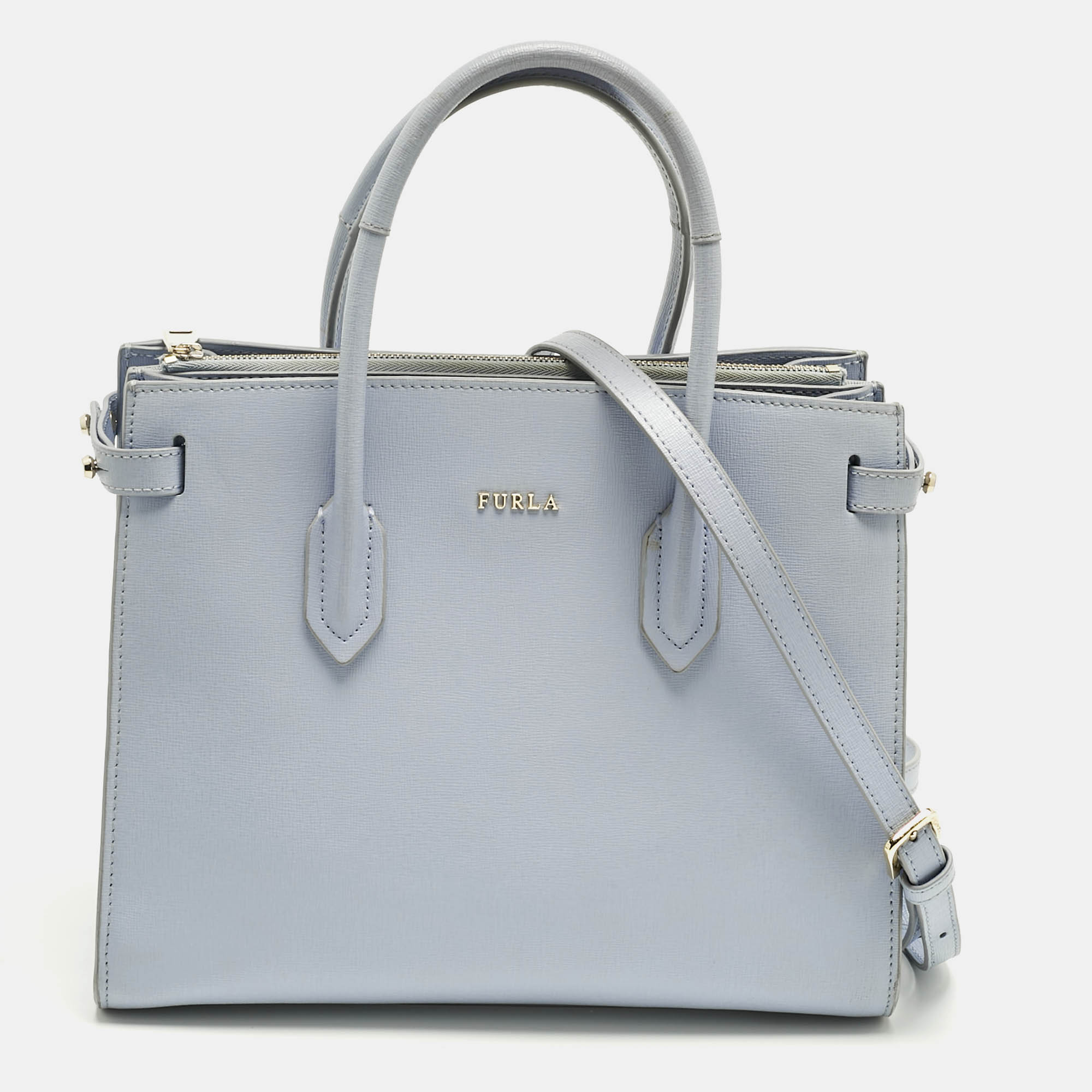 Pre Owned Furla Light Blue Leather Small Pin Tote