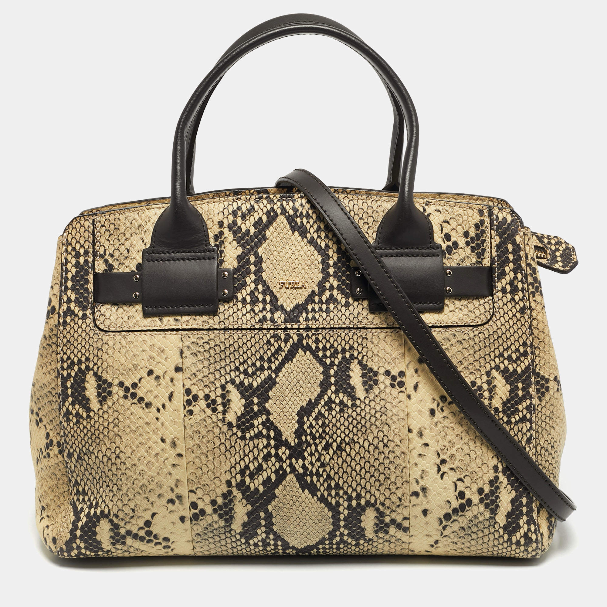 Pre Owned Furla Cream/Black Python Embossed Leather Lucky Tote