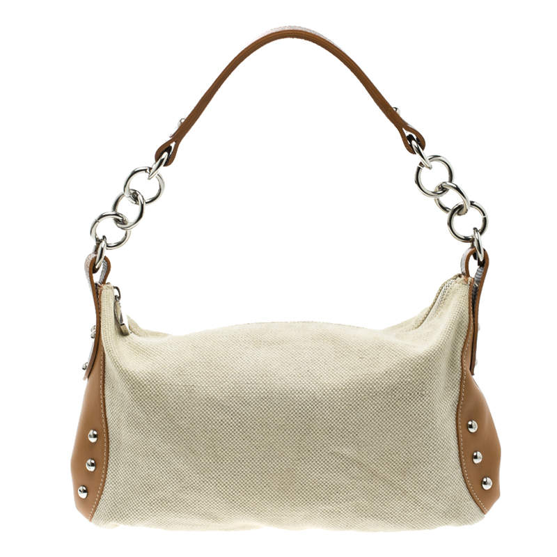 Furla Beige and Tan Canvas and Leather Shoulder Bag