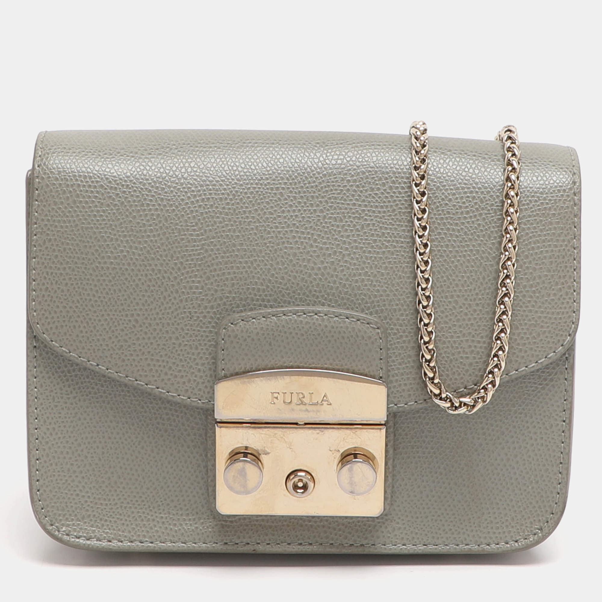 Pre Owned Furla Metropolis Mini Grey Leather Crossbody Bag