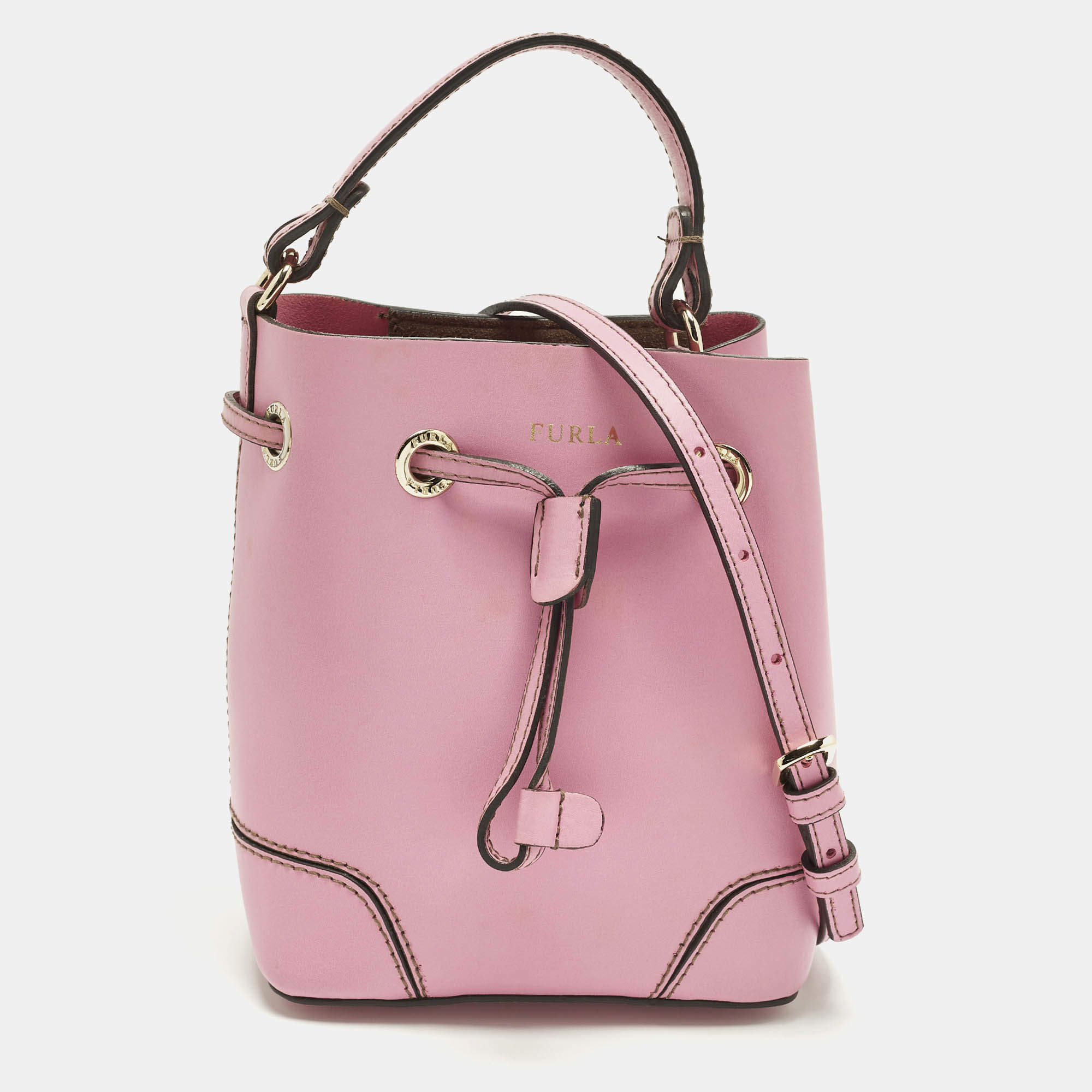 Pre Owned Furla Stacy Drawstring Mini Pink Leather Bucket Bag