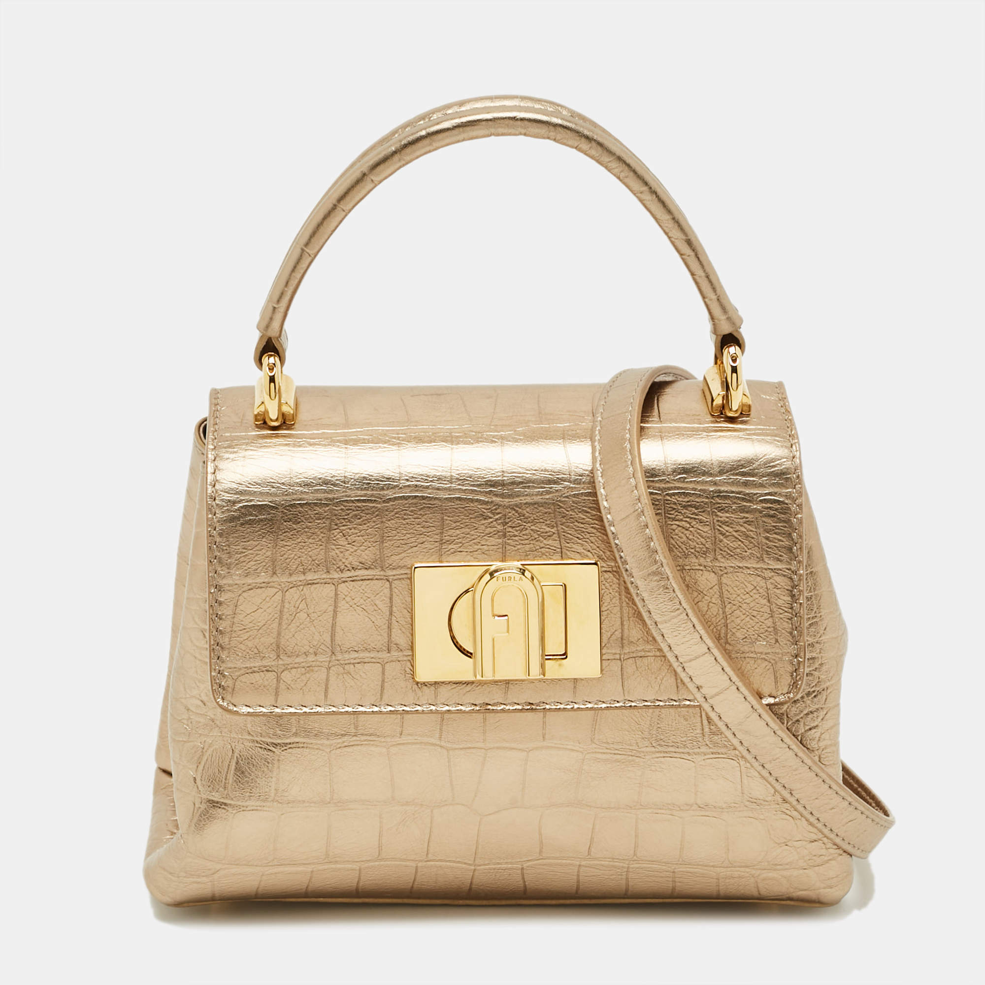 مملوكة مسبقًا Furla 1927 Gold Croc Embossed Leather Top Handle Bag