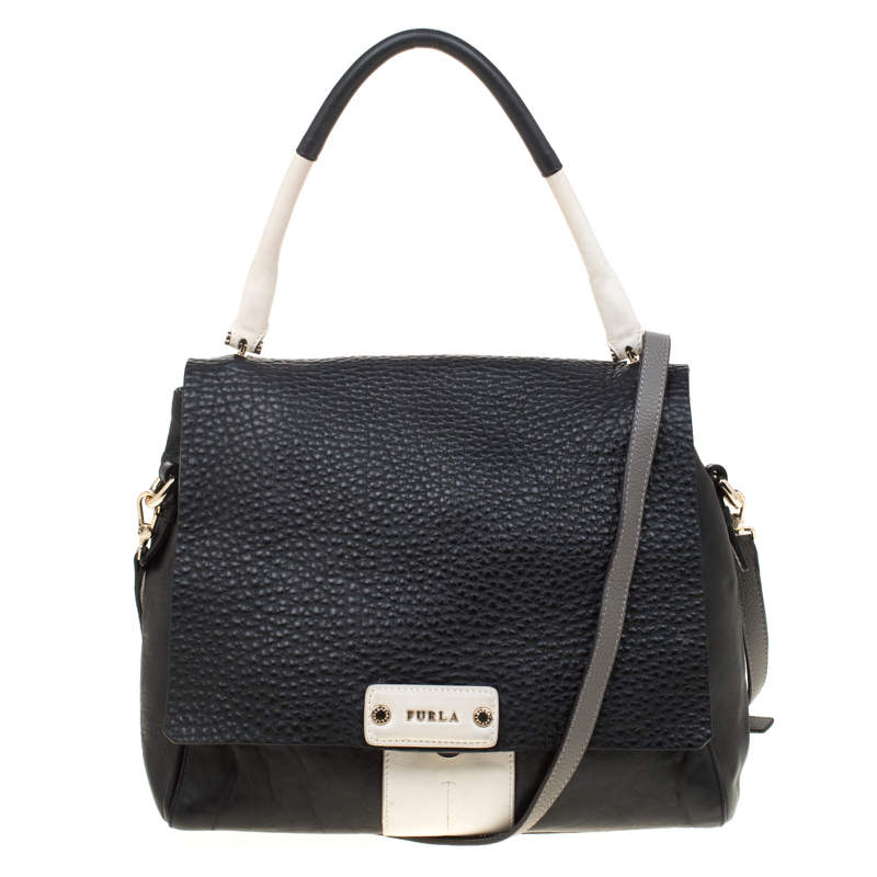 Pre Owned Furla Black And White Leather Top Handle Bag