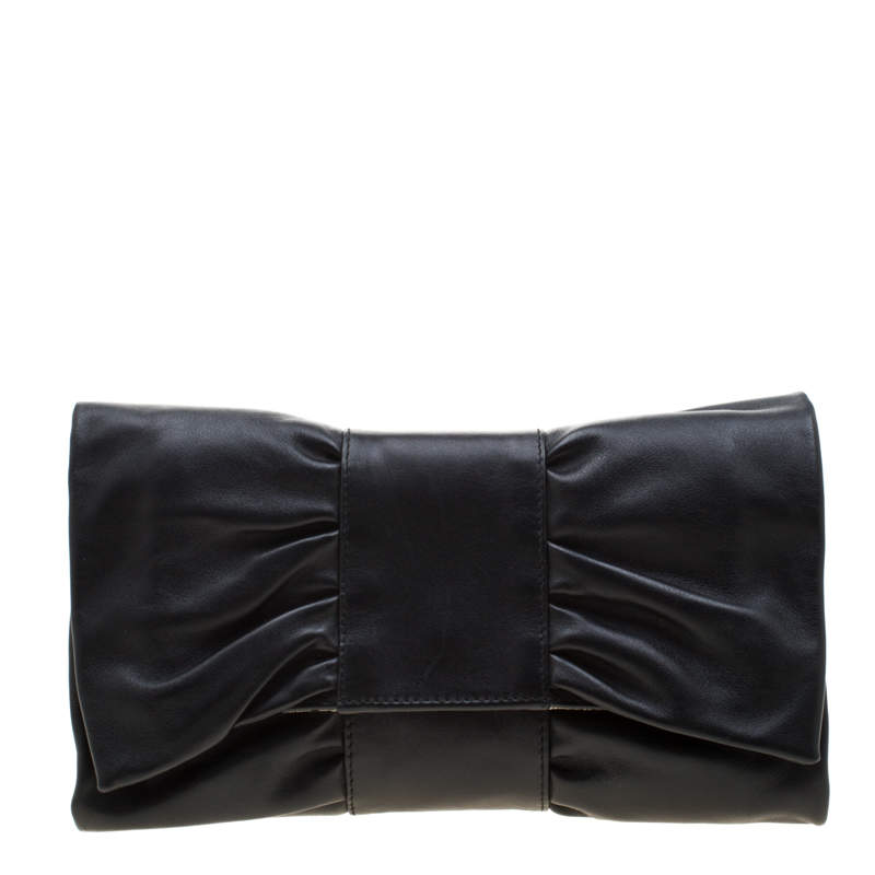 Pre Owned Furla Black Leather Bow Clutch
