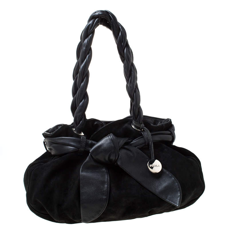 Pre Owned Furla Black Leather and Suede Bow Hobo