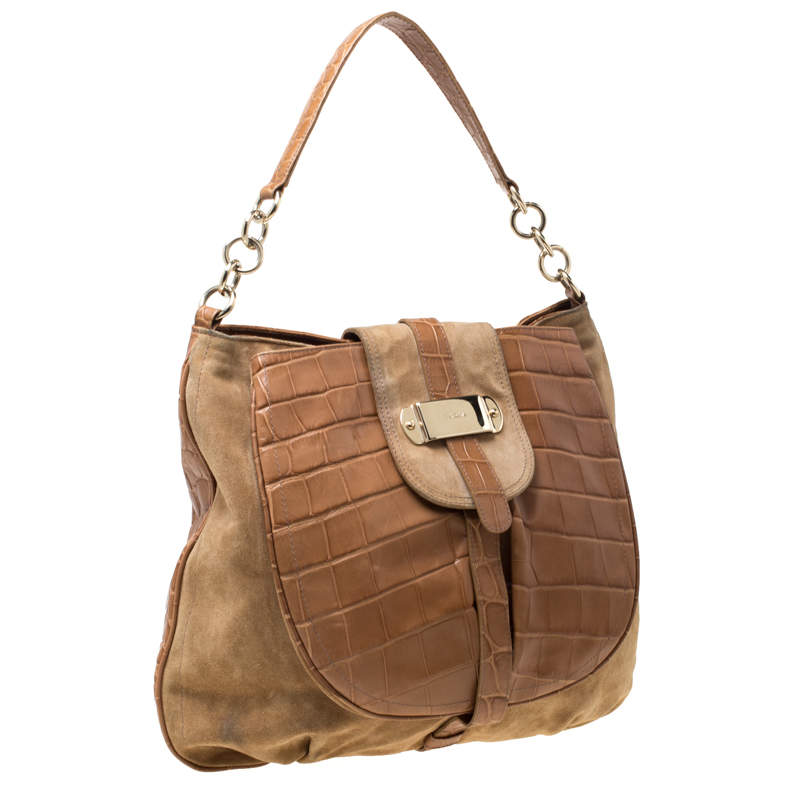 Furla Medium Tan/Brown Croc Embossed Leather Tote Bag Handbag Purse