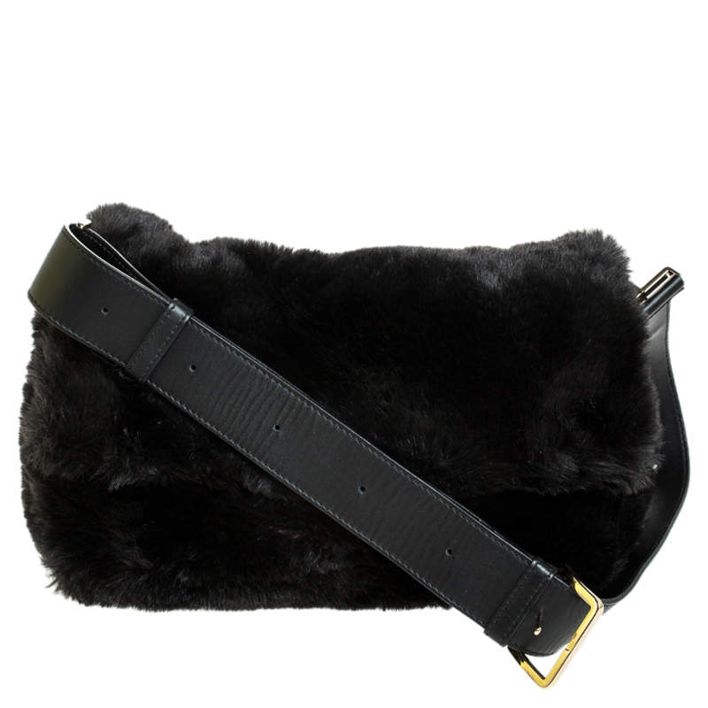 Furla Black Faux Fur Caos Shoulder Bag