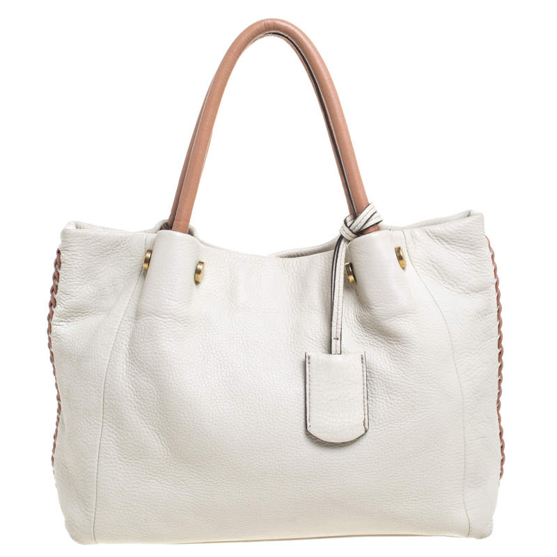 Pre Owned Furla Off White Leather Braided Side Medium Tote