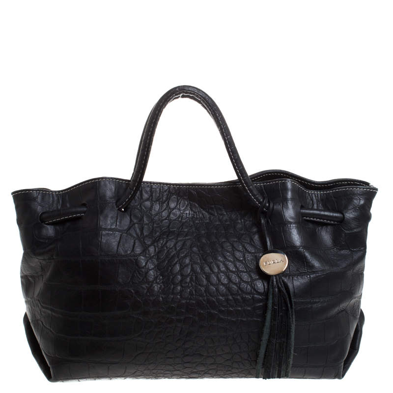 Pre Owned Furla Black Crocodile Embossed Leather Medium Tassel Tote