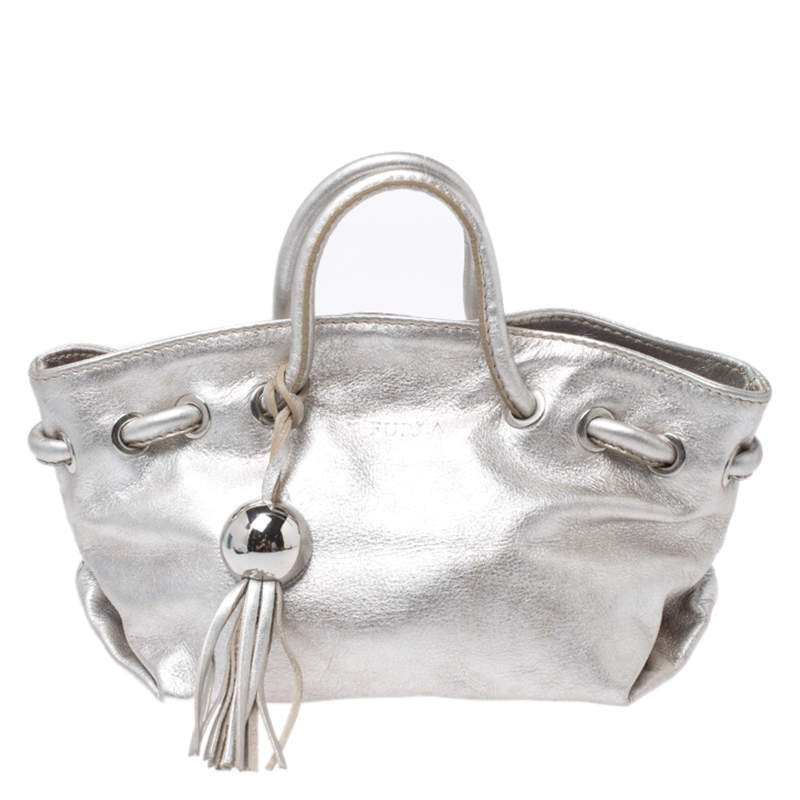 Pre Owned Furla Silver Leather Mini Carmen Satchel