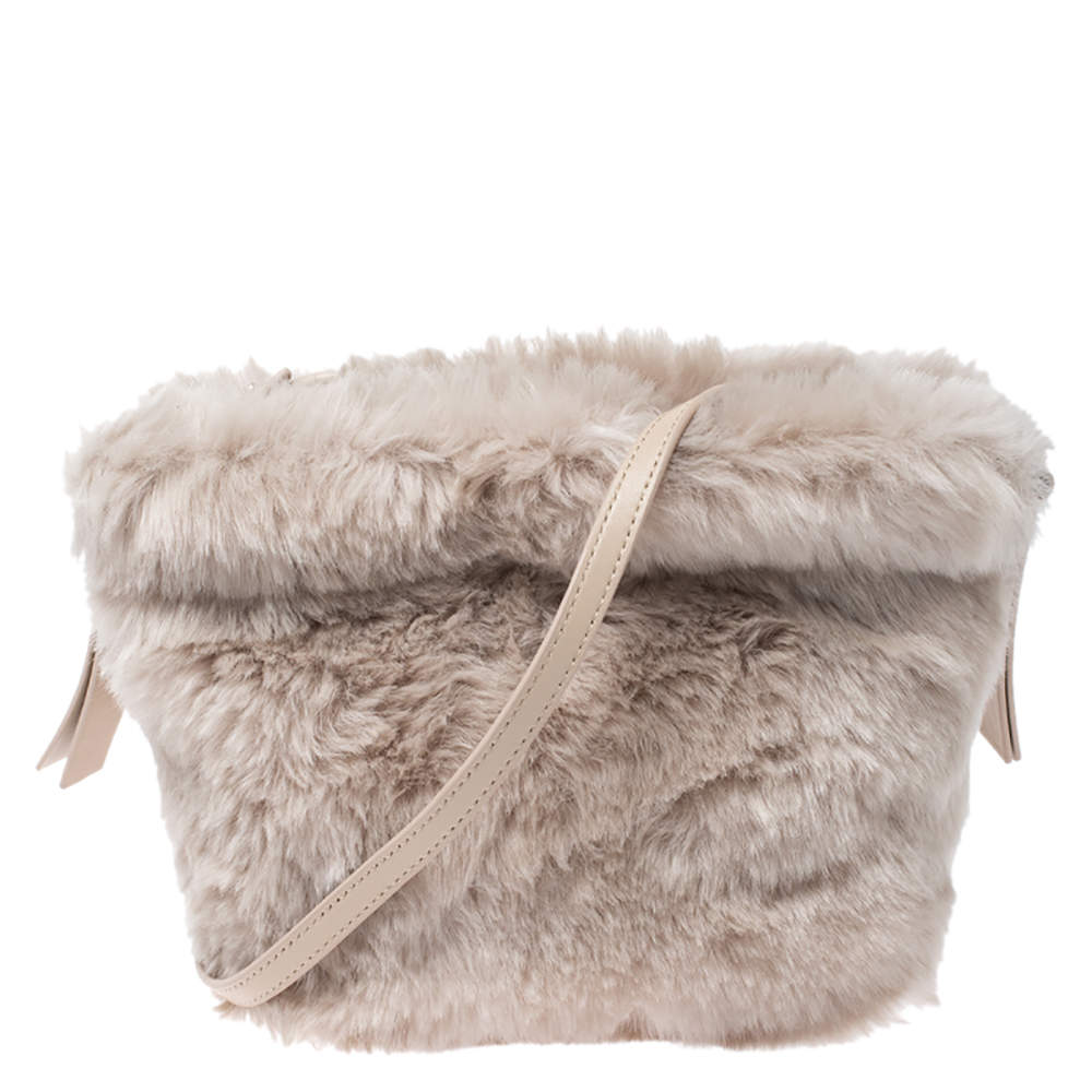 Furla Beige Faux Fur Drawstring Crossbody Bag