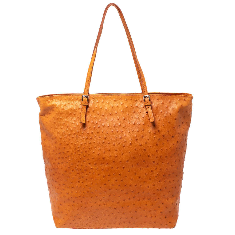 Pre Owned Furla Orange Ostrich Embossed Leather Shopper Tote