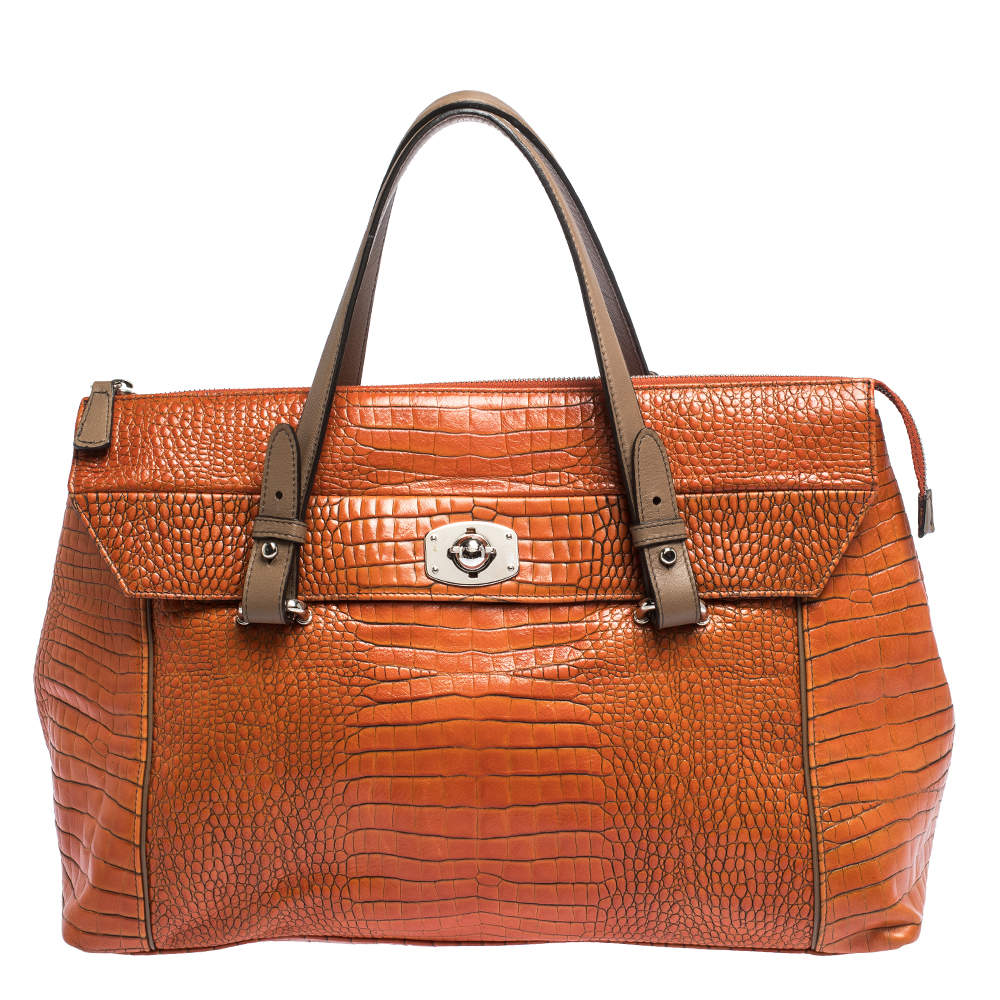 Pre Owned Furla Orange/Brown Croc Embossed Leather Satchel 