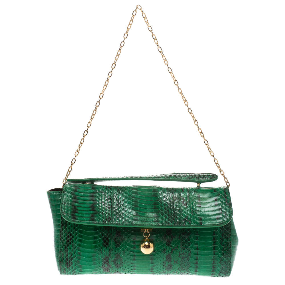 Pre Owned Furla Green Python Chain Clutch