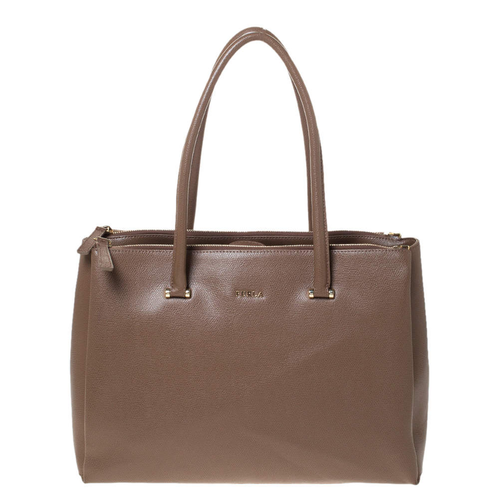 Pre Owned Furla Dark Beige Leather Double Zip Tote