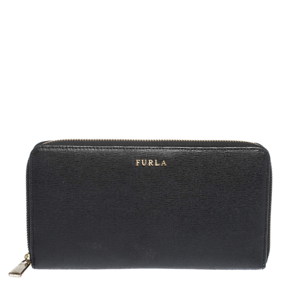 Pre Owned Furla Black Leather Zip Around Wallet