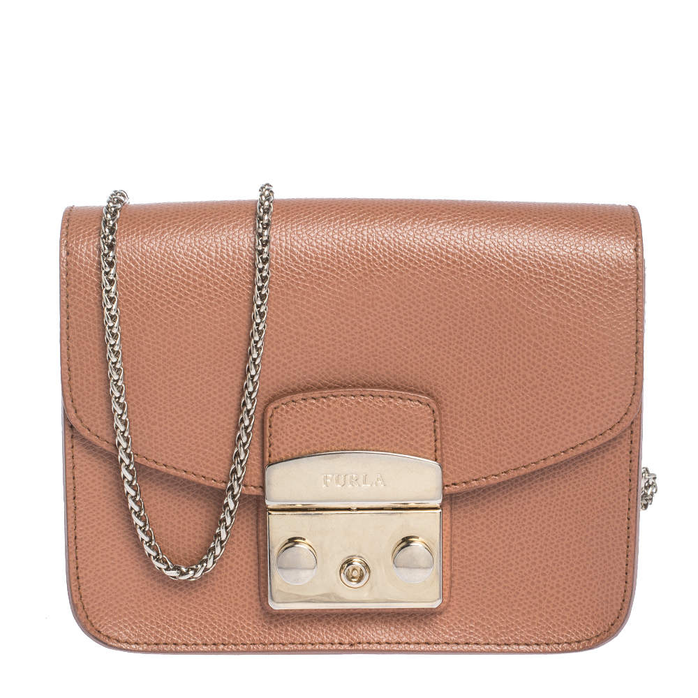 Pre Owned Furla Tan Leather Mini Metropolis Crossbody Bag