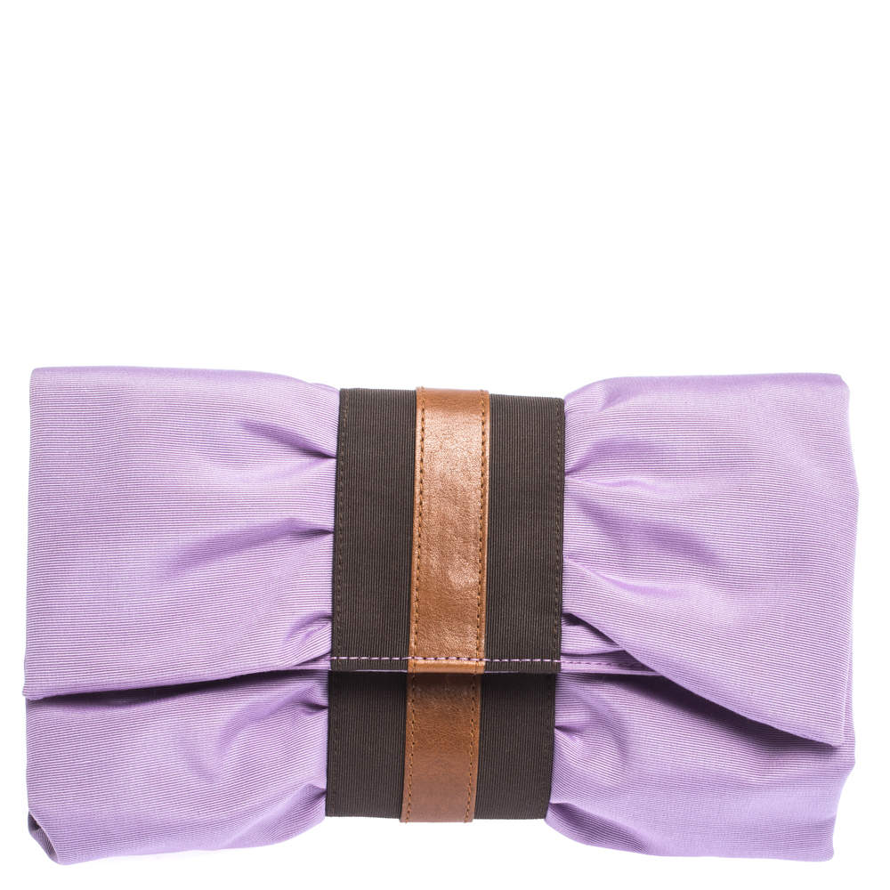 Pre Owned Furla Lavander/Brown Canvas and Leather Bow Clutch