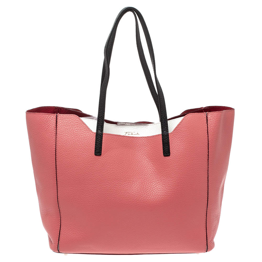 Furla Coral Orange/White Soft Leather Snap Tote