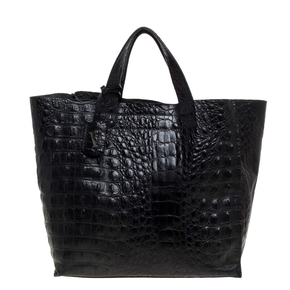 Pre Owned Furla Black Croc Embossed Leather Tote