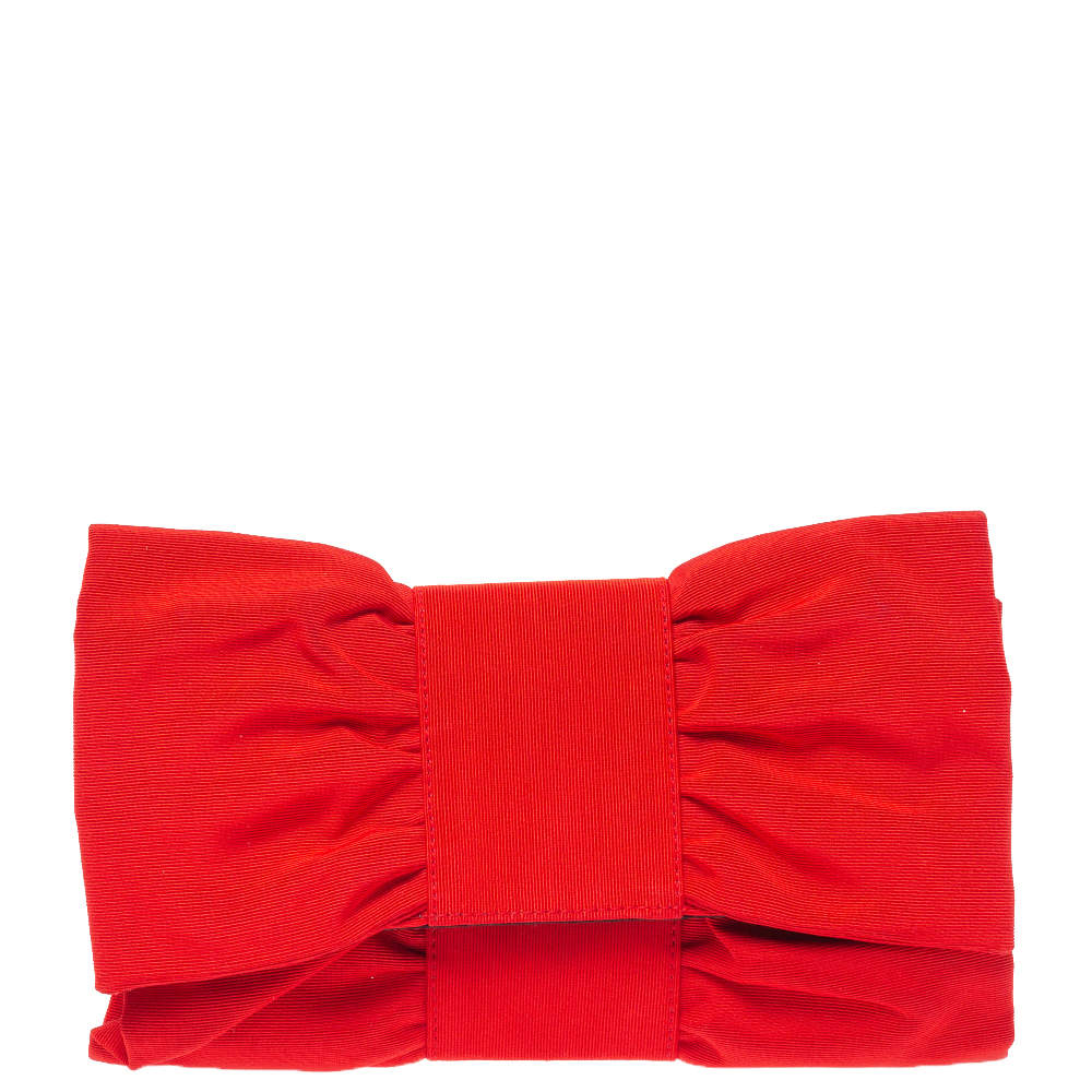 Pre Owned Furla Red Canvas Bow Clutch