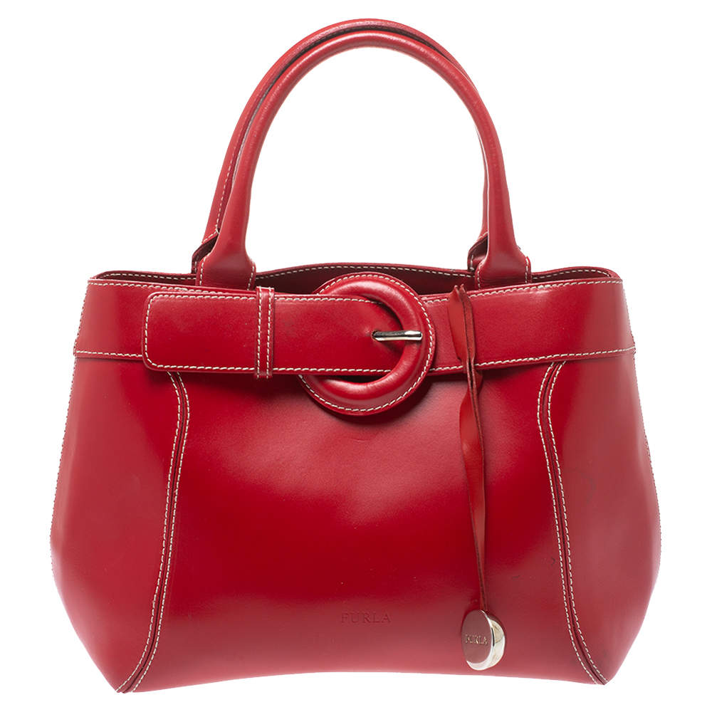 Pre Owned Furla Red Leather Buckle Satchel