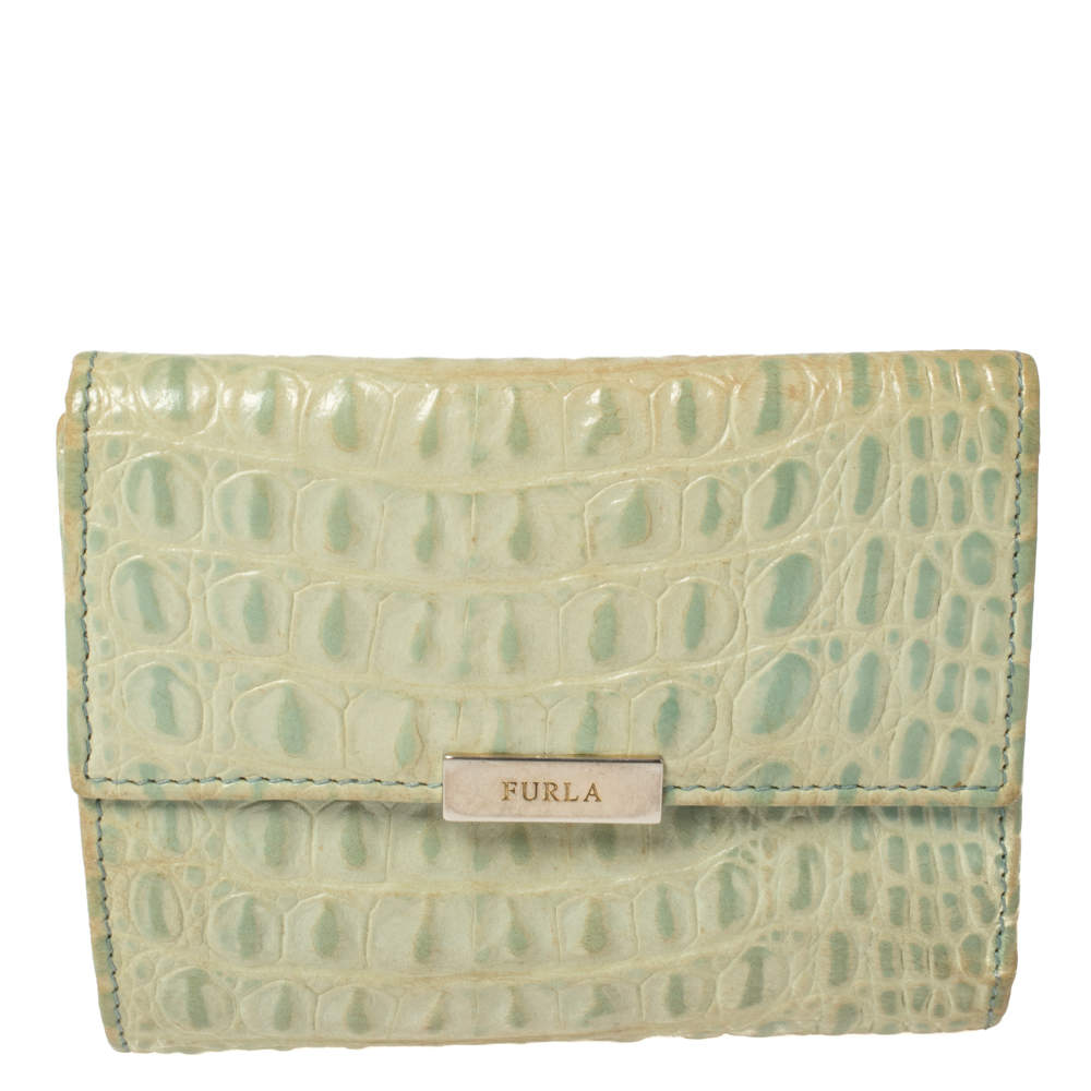 Furla Mint Green Croc Embossed Leather Compact Wallet