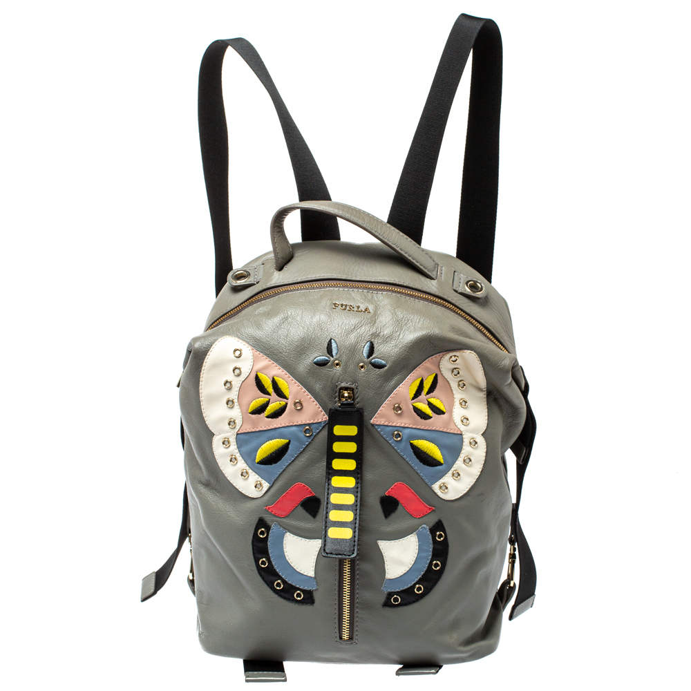 Pre Owned Furla Grey Soft Leather Patchwork Backpack