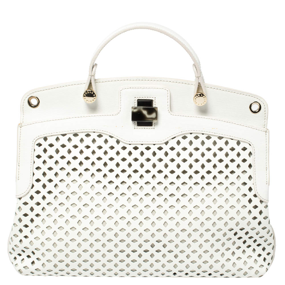 Pre Owned Furla White Leather Piper Perforated Top Handle Bag