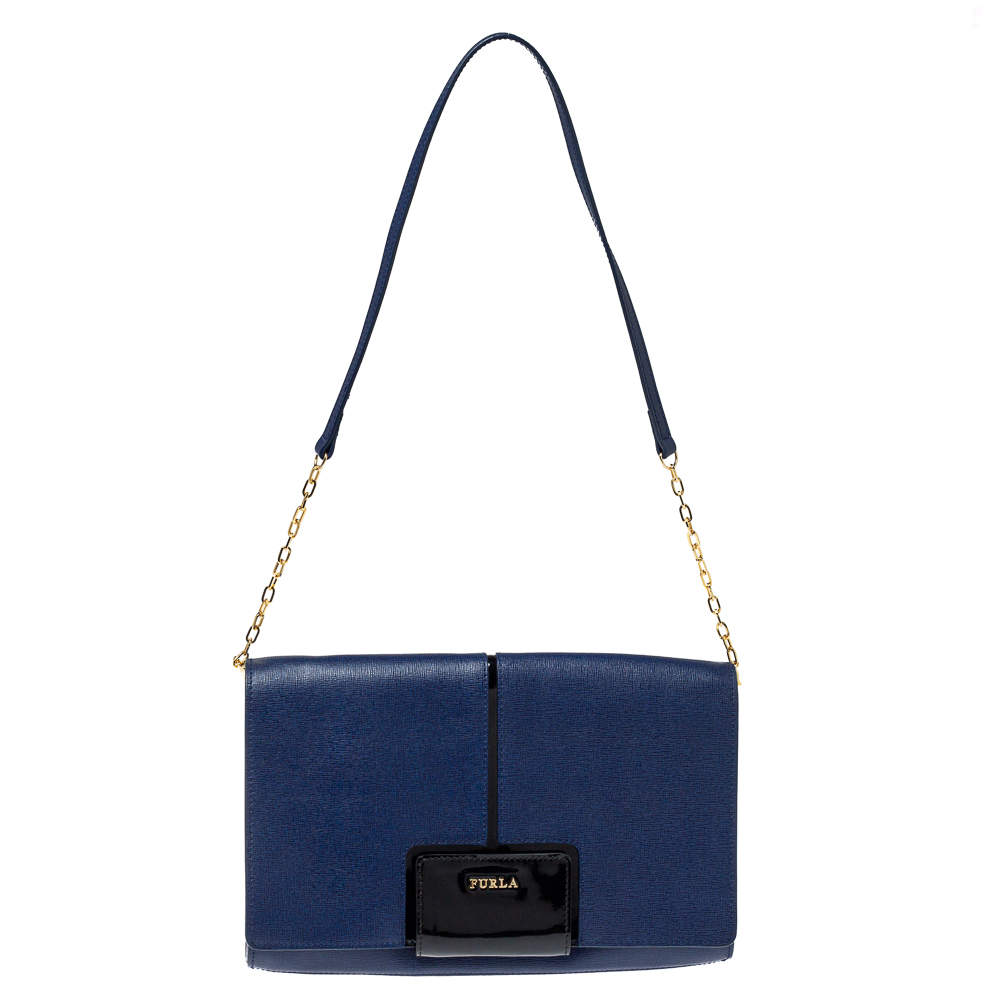 Pre Owned Furla Navy Blue Leather Zizi Chain Clutch