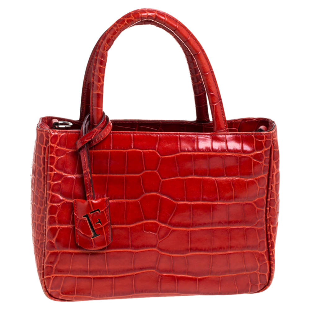 Pre Owned حقيبة يد فورلا سحاب في المنتصف جلد نقشة التمساح أحمر 