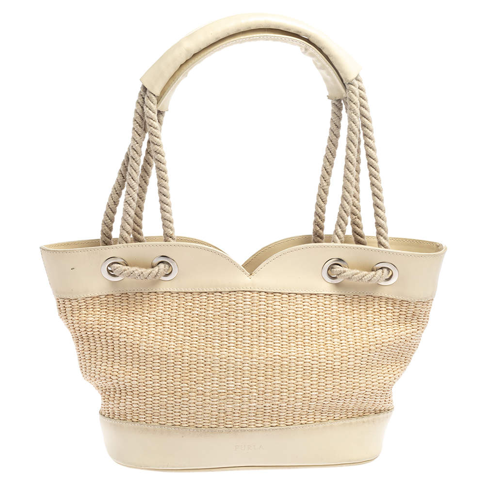 Furla Beige Straw And Leather Beach Tote