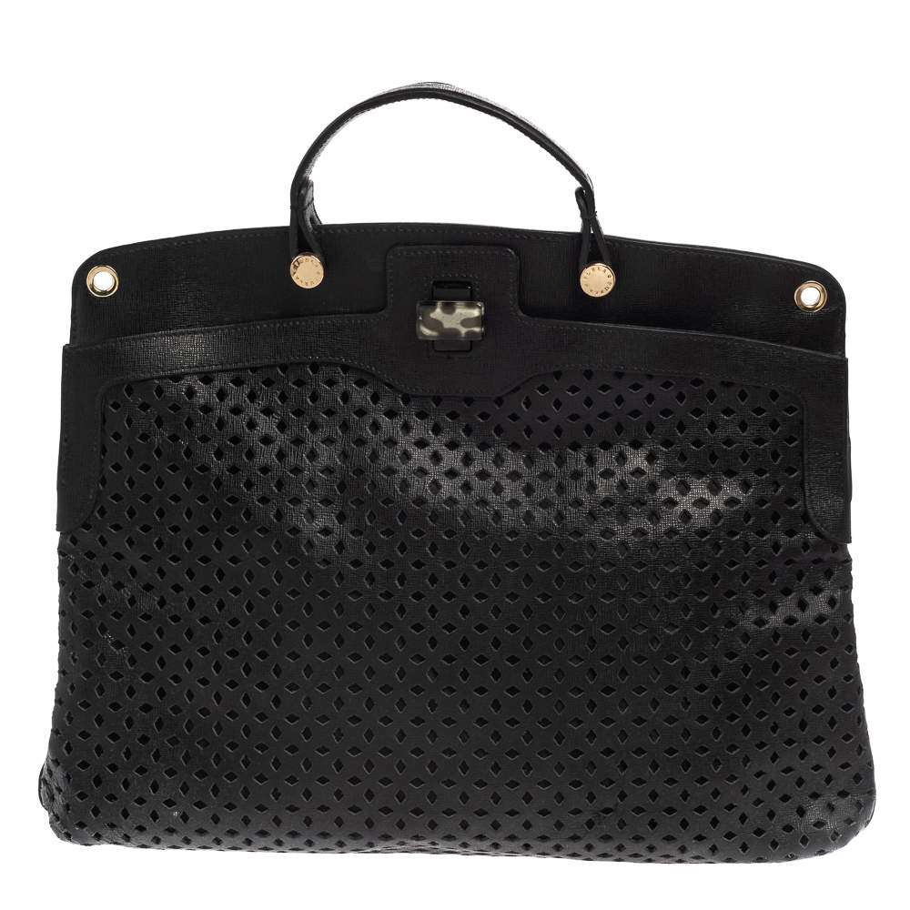 مملوكة مسبقًا Furla Black Perforated Leather Piper Top Handle Bag
