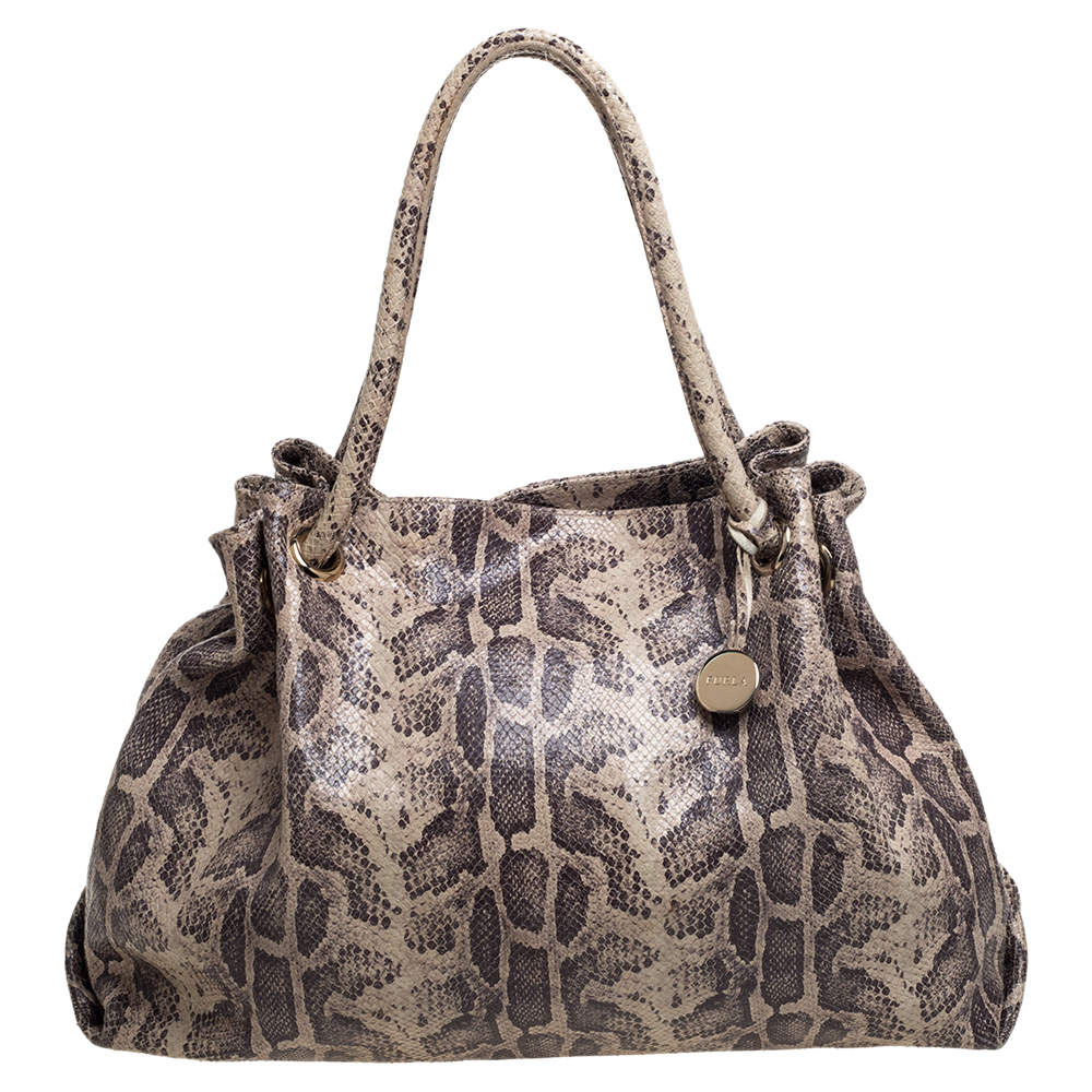 Pre Owned Furla Beige/Brown Snakeskin Embossed Leather Shoulder Bag