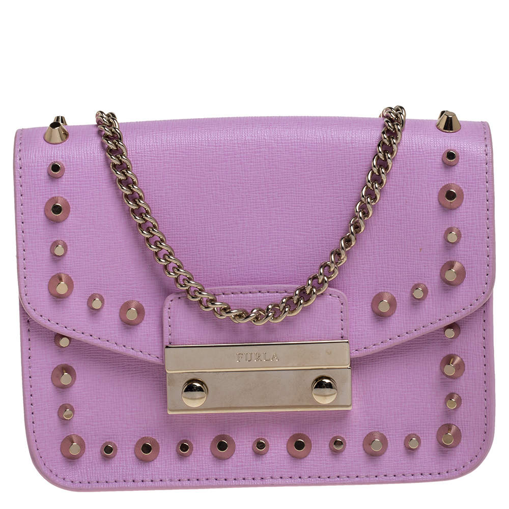 Furla Pink Studded Leather Julia Crossbody Bag