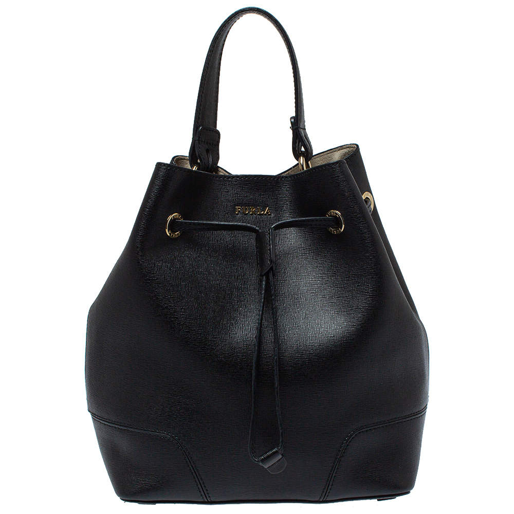 Furla Black Leather Stacy Drawstring Bucket Bag