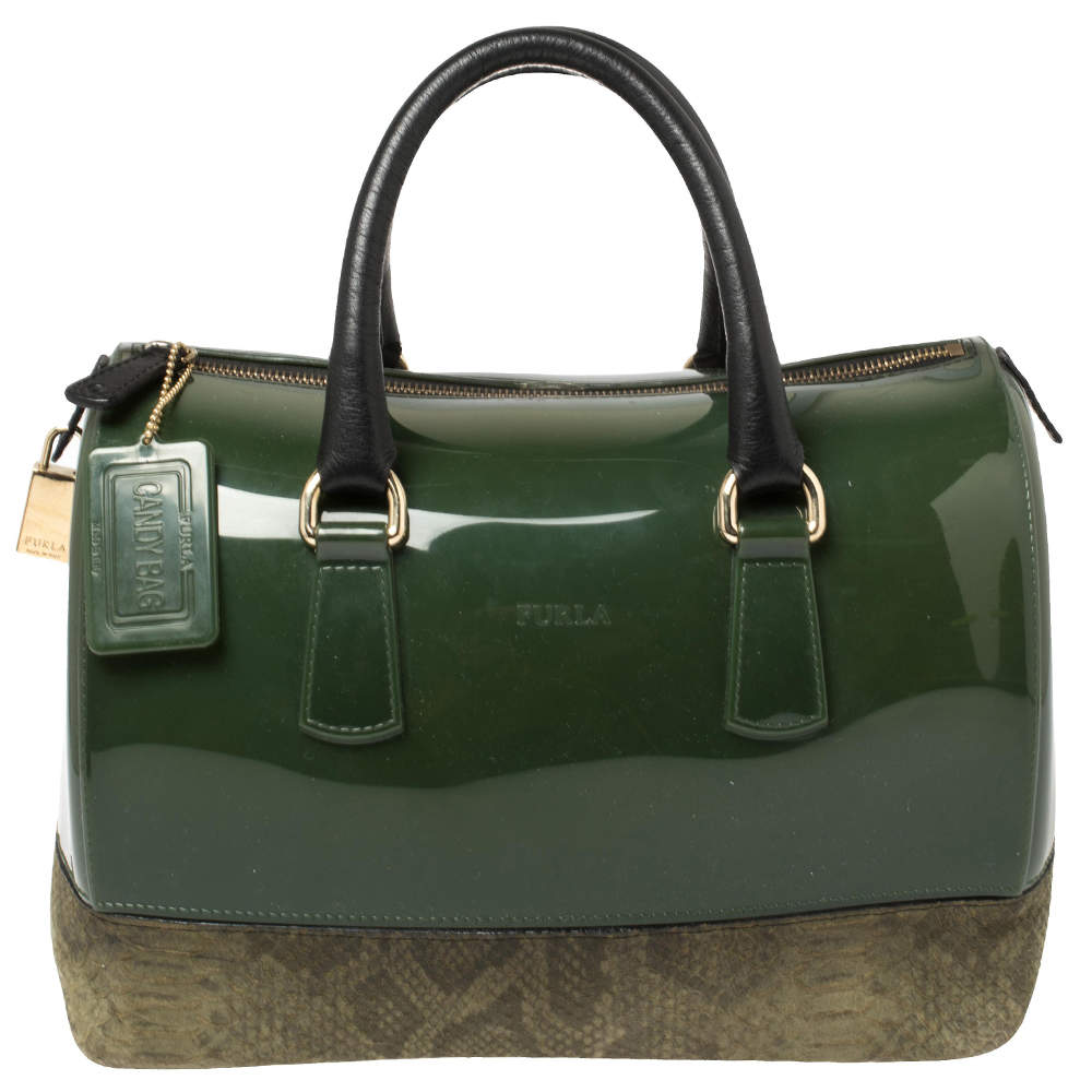 حقيبة فورلا كاندي متوسطة جلد نقش ثعبان ومطاط أخضر